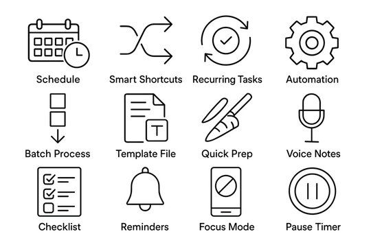 Icons set featuring tools for schedule automation and task management