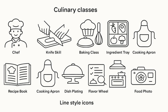 Culinary class icons: chef, ingredients, cooking tools, baking classes