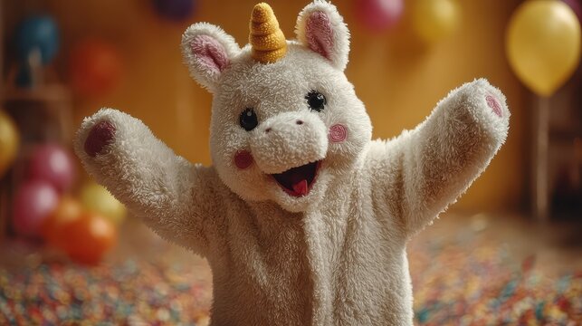 Soft unicorn costume brings joy during birthday celebration in a colorful party setting
