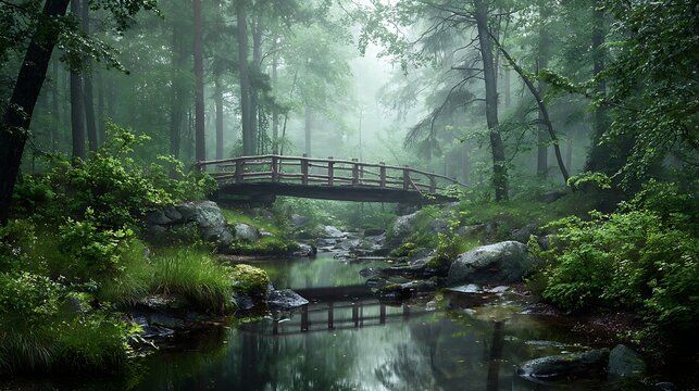 Foggy Forest with Rustic Wooden Bridge over Stream Reflecting in the Water