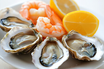 Gourmet seafood platter featuring fresh oysters and shrimp with lemon