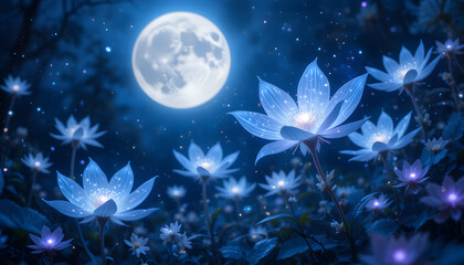 A magical nighttime scene featuring ethereal, glowing flowers illuminated under the light of a full moon. The fantasy-inspired blossoms sparkle with delicate luminescence, surrounded by dreamy 