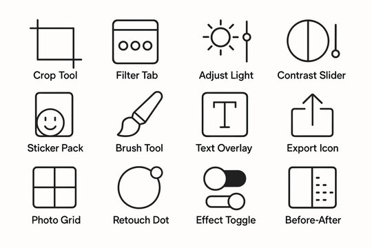 Digital editing icons set: tools for photo and design enhancement
