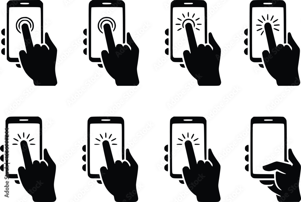 Poster hand holding phone icons screen gestures vector hand touching mobile screen smartphone interaction s
