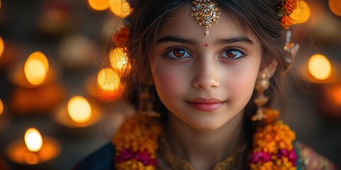 Indian Girl with Traditional Jewelry and Lit Lamps in Background