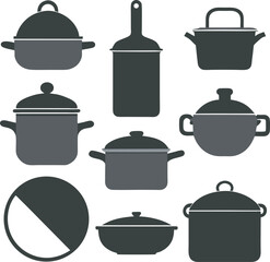 A collection of stylized illustrations featuring various cooking pans and pots, depicted from different angles and with a clean, minimalist aesthetic