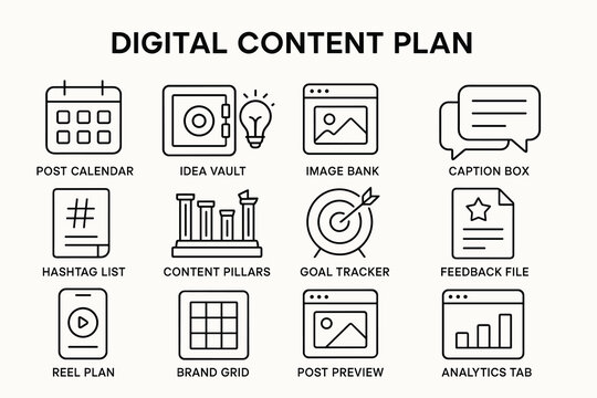 Digital content plan icons: calendar, vault, bank, tracker, tab, pillars