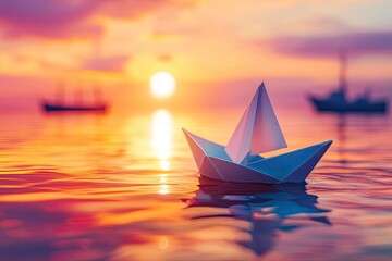 Paper boat sailing at sunset