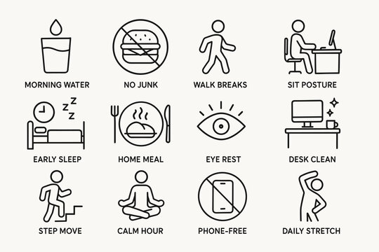 Healthy lifestyle icons: hydration, nutrition, exercise, and wellness tips