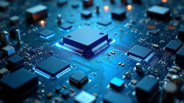 Futuristic blue circuit board with glowing microchip, high tech computer processor and digital hardware, electronic motherboard with neon light effects