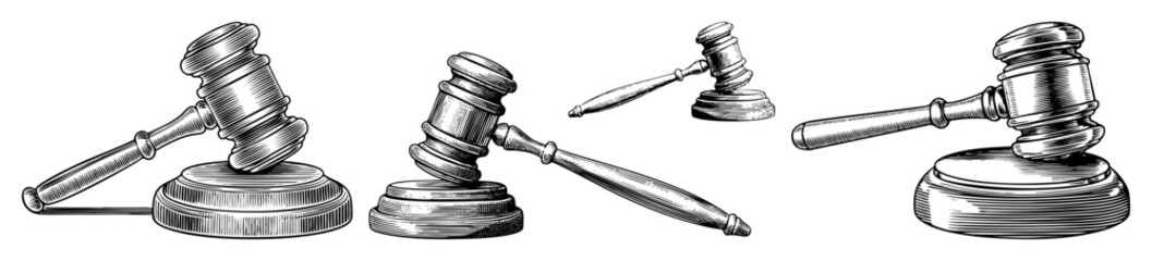 Obraz premium Vector Vintage judicial gavels with sound blocks in engraved style.