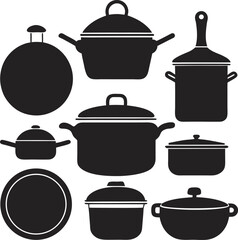 A collection of stylized illustrations featuring various cooking pans and pots, depicted from different angles and with a clean, minimalist aesthetic