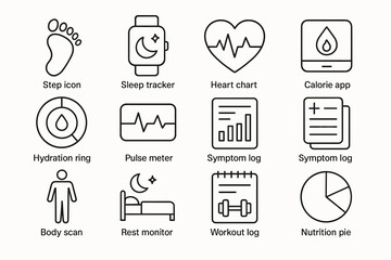 Health and fitness icons: step, sleep tracker, heart rate, calorie app, hydration, workout