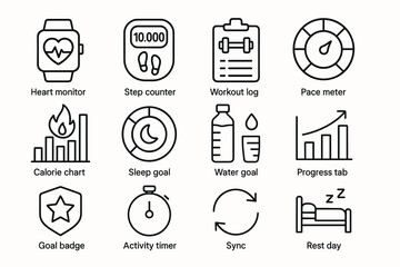 Fitness icons: heart monitor, step counter, calorie chart, water goal, rest day