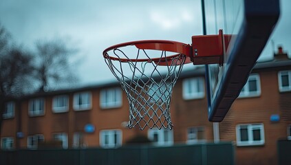 Close-up of a basketball hoop against a backdrop of terraced houses