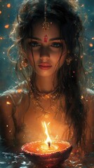 Portrait of Indian Woman Holding Traditional Oil Lamp on Water Surface