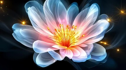 Enchanting bloom: glowing flower transformation with vibrant light trails in motion