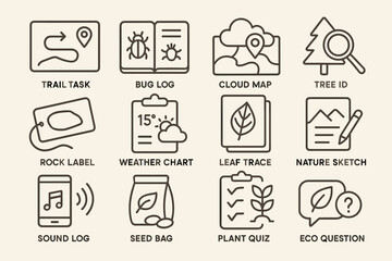 Nature exploration icons set: trail, weather, plant, and eco activities illustrated