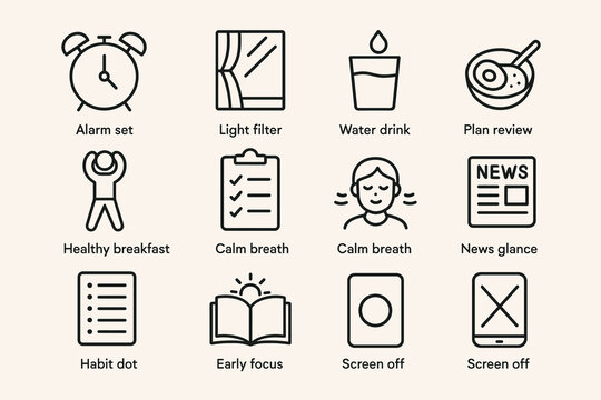 Daily routine icons set: alarm, light, hydration, breakfast, breathing, news, focus, screen time