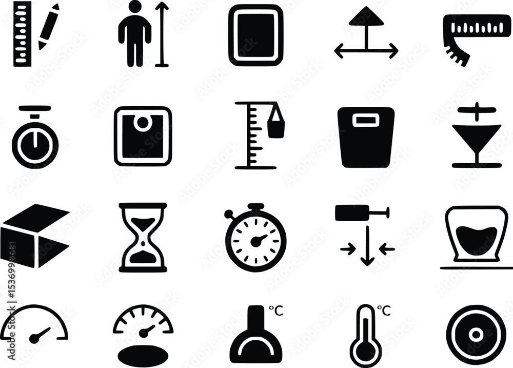 Poster measuring tool icons weight scale symbols instruments ruler thermometer stopwatch vectors