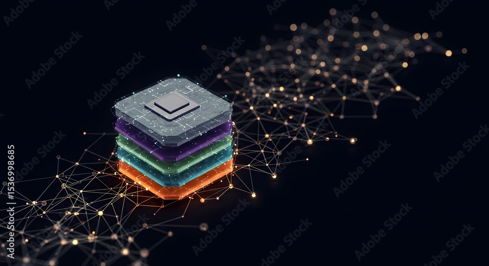 Poster abstract stack of computer chips linked by glowing nodes and lines against a dark backdrop. modern t