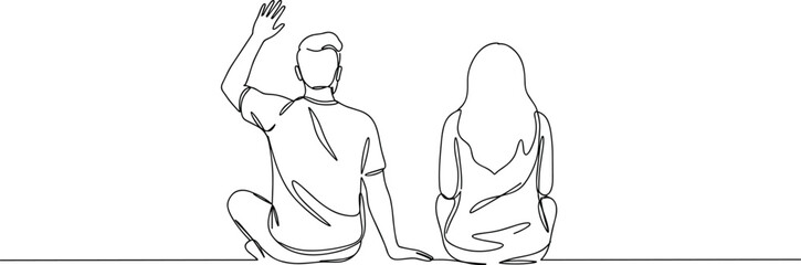 Couple sitting together, rear view, line drawing, waving hand, minimalist style, peaceful moment, man and woman sketch, modern design, black outline, casual conversation, simplicity