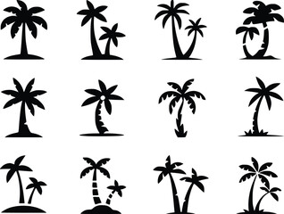 Palm Tree Black Icons Silhouette Vectors Different Style Tropical Island Graphics
