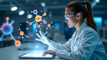 A focused young Asian female scientist in a lab coat interacts with digital representations of molecules on a tablet.