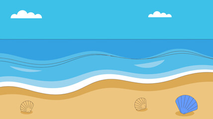 Simple Minimalist Beach Illustration Calm Ocean Waves, Sandy Shore, Seashells