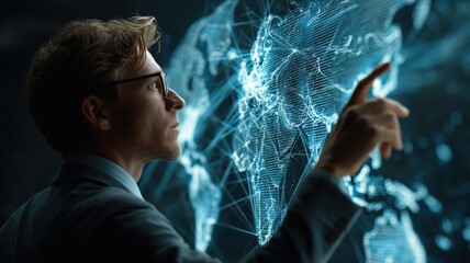 Photorealistic image of a person interacting with a large, holographic world map showing global business logistics powered by AI.