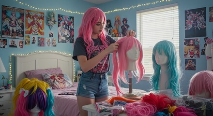 Cosplayer styling a pink wig in a room adorned with anime posters and various wigs for different characters.
