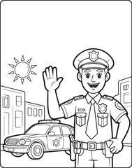 Police officer with uniform and duty at town road vector outline coloring page for kids
