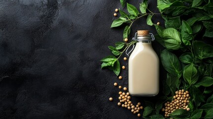 A glass bottle of creamy soy milk with fresh green leaves and raw soybeans, highlighting natural, plant-based, and wholesome ingredients.