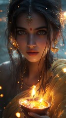 Indian Woman Holds Oil Lamp with Ornamental Headdress in Soft Focus