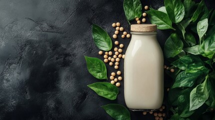 Glass bottle of fresh soy milk surrounded by green leaves and raw soybeans, showcasing natural and wholesome plant-based ingredients.