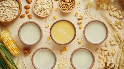 Flat lay of plant-based milks—cashew, almond, pistachio, and corn pops—with natural ingredients like soy, oats, coconut, nuts, amaranth, rice, and buckwheat.