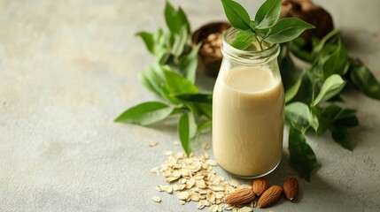 Glass bottle of oat milk with fresh green leaves and raw almonds on a light background. Minimal, natural, and healthy vegan drink concept.