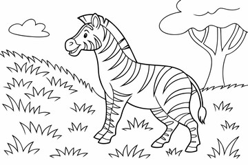 coloring page for kids, a happy zebra with very clear stripe patterns, standing in a field of grass, thick outlines, black and white