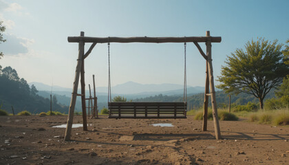 Rustic Wooden Swing Overlooking Mountain Landscape