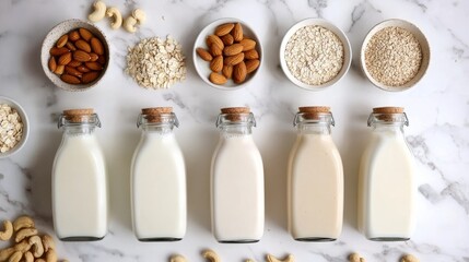 Top view of assorted plant milks—cashew, almond, pistachio—in glass bottles, with ingredients like soy, oats, coconut, rice, buckwheat, and nuts around them.