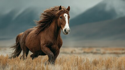 Obraz premium Majestic horse gallops through grassy plains under overcast skies in a tranquil wilderness setting