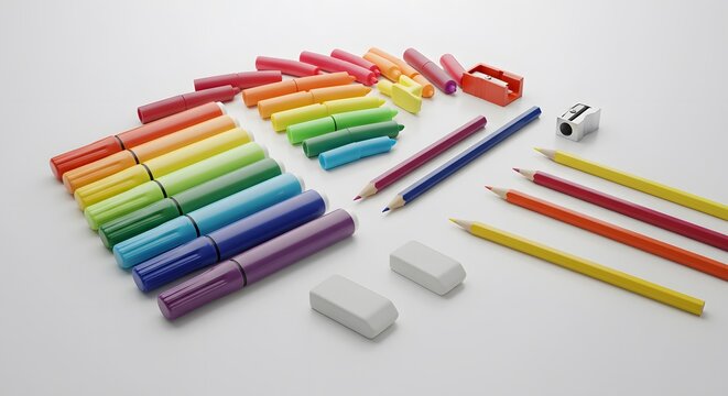 Colorful stationery: Markers, colored pencils, erasers, and sharpeners arranged on a white surface.