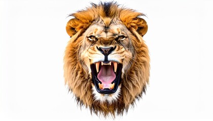 Obraz premium Close-up front view portrait of a roaring lion's head, face with an open mouth, jaw, large teeth, isolated on a white background. A wild cat, king of the animals, with a mane, exuding strength.
