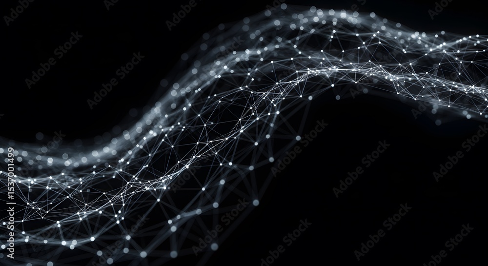 Fototapete network visualization of connected nodes and edges forming an abstract waveform against a black back