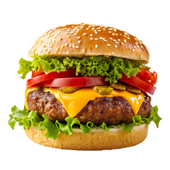 Classic Juicy Hamburger with Cheese, Lettuce, Tomato, and Beef Patty Isolated on White Background PNG