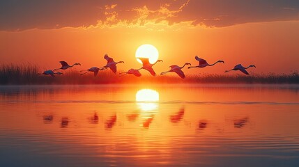 Flock of flamingos taking flight over reflective lagoon under warm sunrise light.
