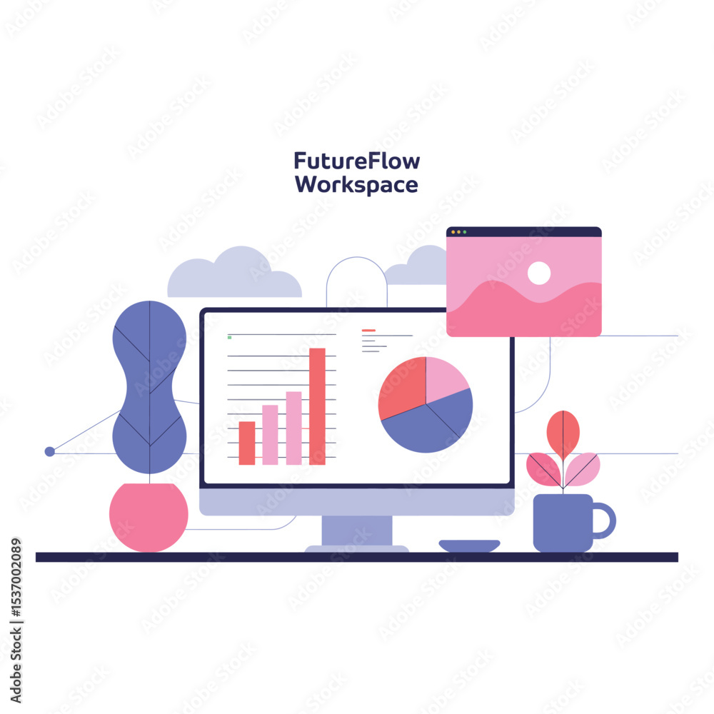 Poster futureflow workspace with computer and charts in a modern design