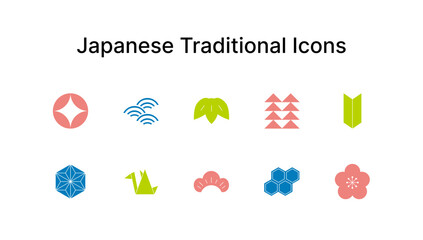 Japanese Motif Icons Set, Colorful Filled Vector Style of Traditional Patterns