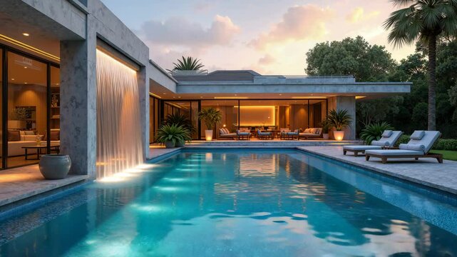 Swimming pool near the house, luxurious lifestyle, relaxation and well-being.