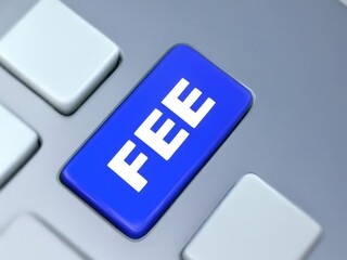 Blue fee keyboard key showing commission or charge